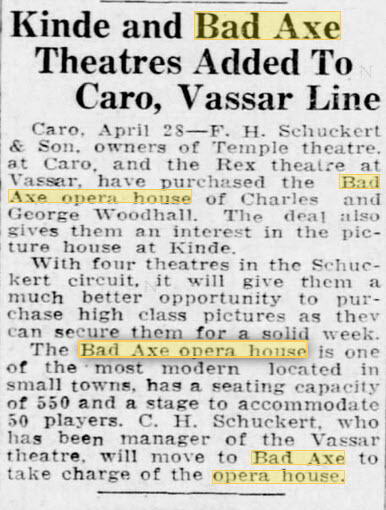 Bad Axe Opera House - 28 APR 1923 ARTICLE